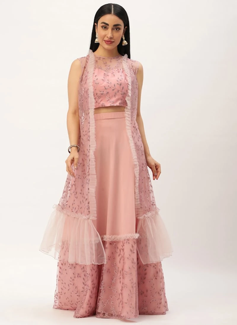 Teen Girls Pink Foil Printed Net Lehanga Jacket Set Wedding Wear - Image 3