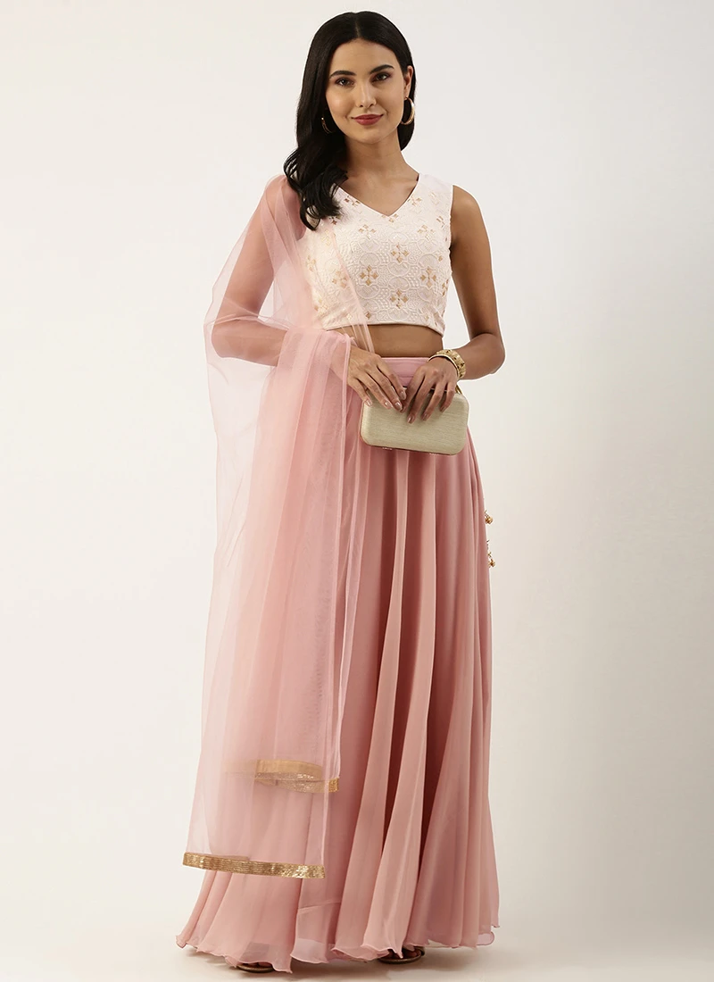 Teen Girls Pink Georgette Embroidered Full Circular Lehenga Festive Wear - Image 3