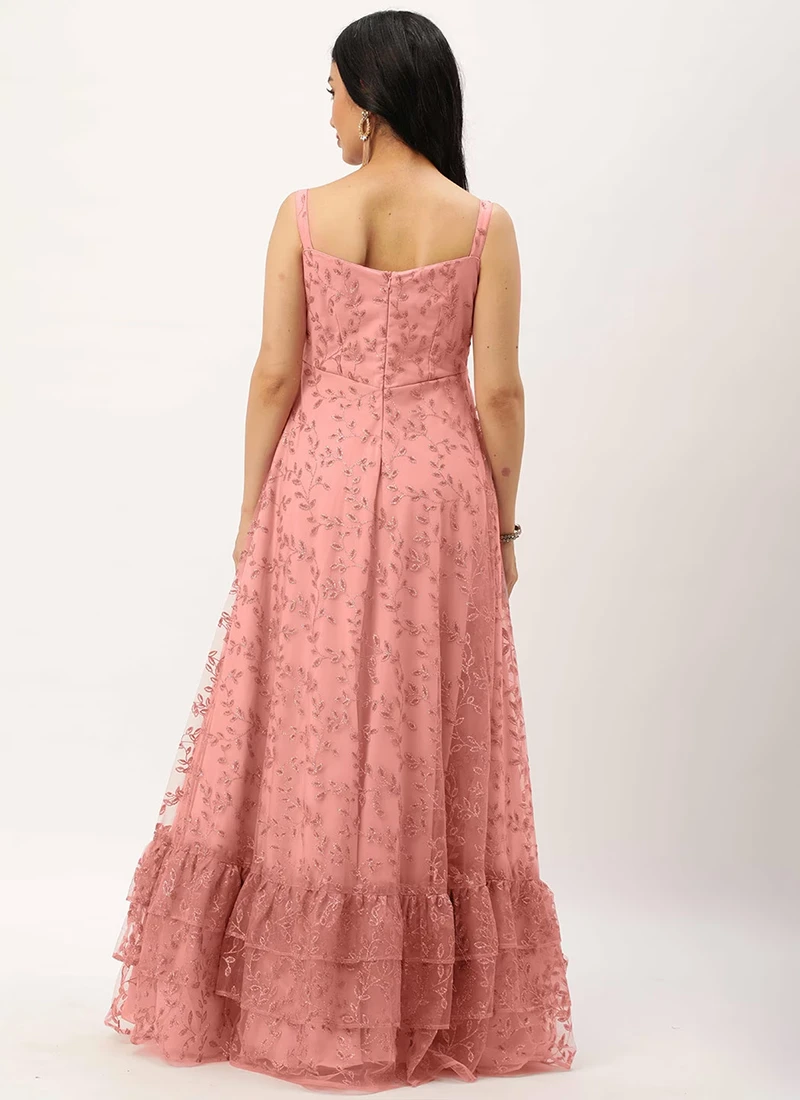 Teen Girls Pink Glitter Net Gathered Corset Gown Party Wear - Image 4