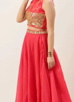 Teen Girls Pink Halter Neck Crop Top And Skirt Set Festive Wear