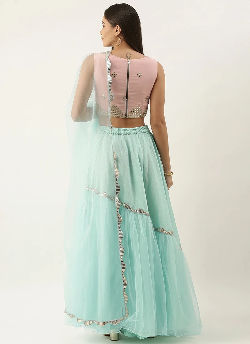 Teen Girls Pink N Blue Asymmetric Gathers Lehenga Set Festive Wear - Image 4