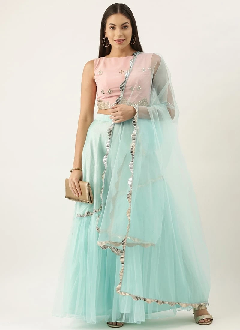 Teen Girls Pink N Blue Asymmetric Gathers Lehenga Set Festive Wear - Image 3