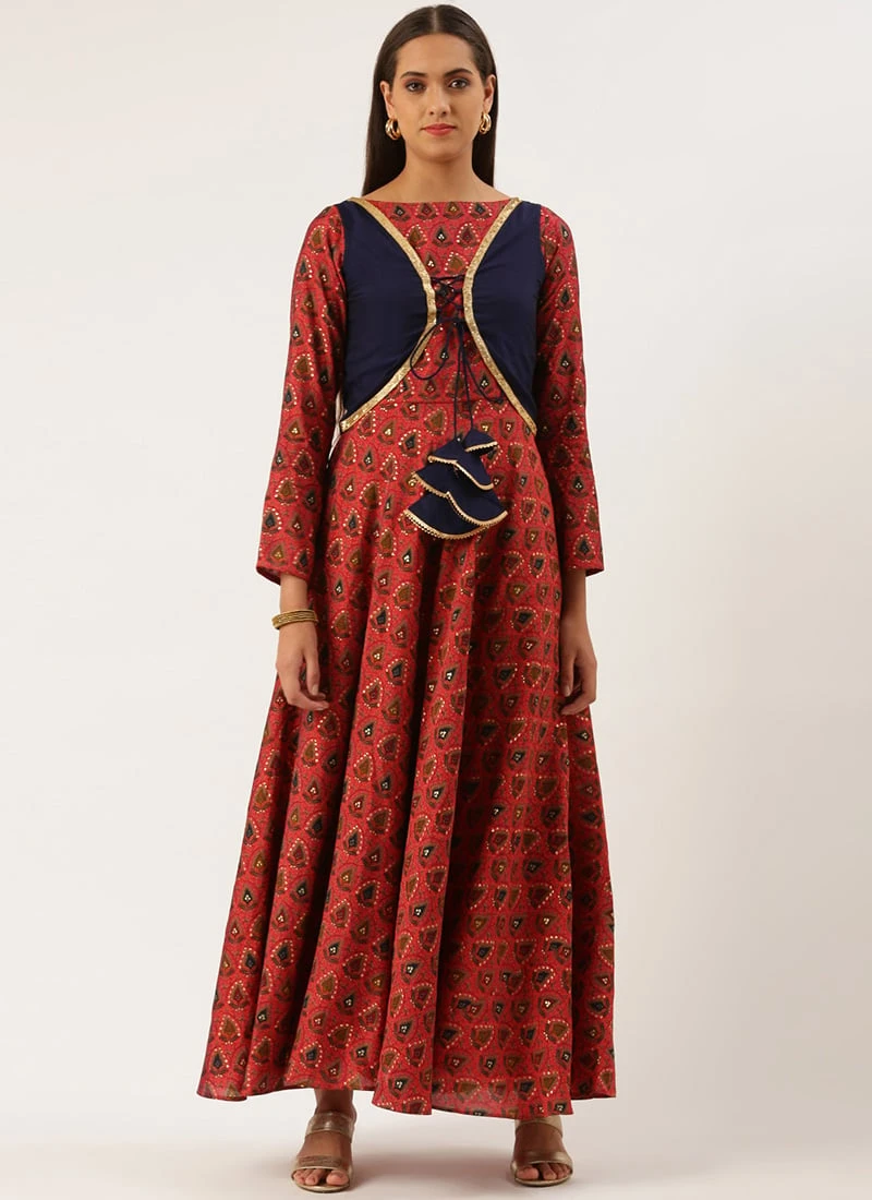 Teen Girls Pink N Blue Printed Jacket Anarkali Suit Festive Wear - Image 3