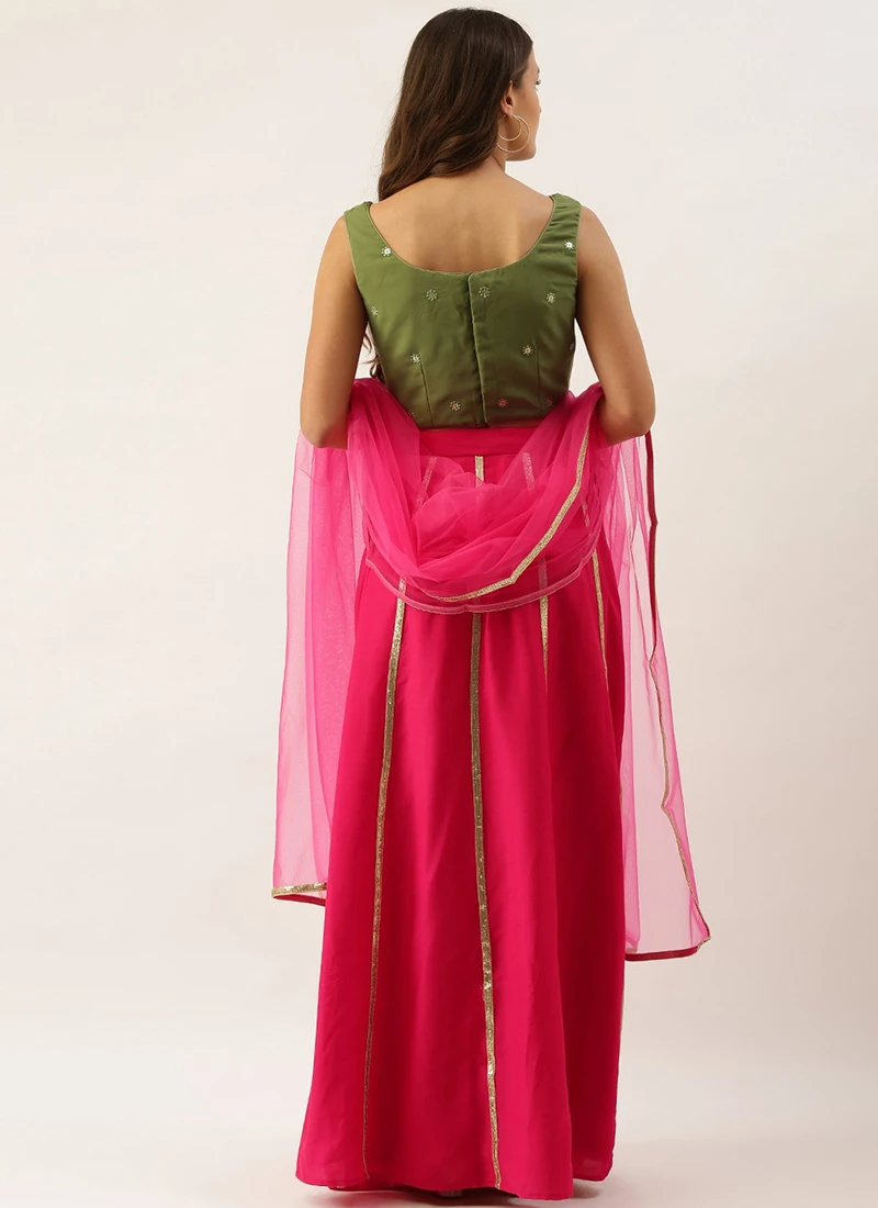 Teen Girls Pink N Green Embroidered Kali Lehenga Festive Wear - Image 4