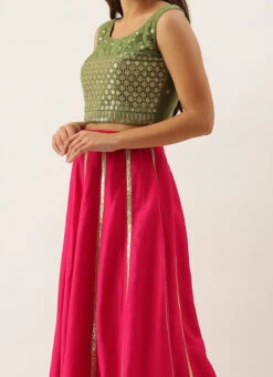 Teen Girls Pink N Green Embroidered Kali Lehenga Festive Wear