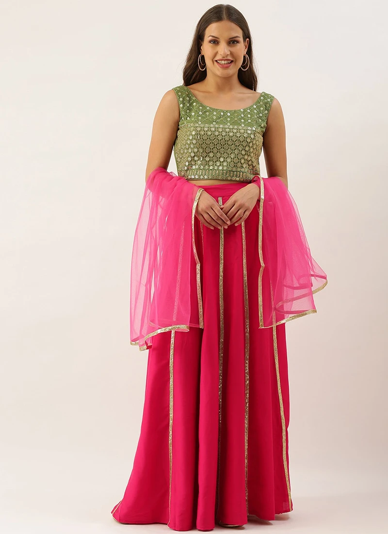 Teen Girls Pink N Green Embroidered Kali Lehenga Festive Wear - Image 3