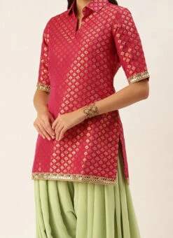 Teen Girls Pink N Green Jacquard Patiala Suit Set Festive Wear