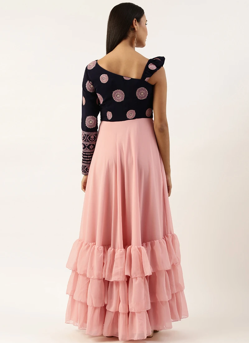 Teen Girls Pink N Navy Blue Georgette Embroidered Gown Festive Wear - Image 4