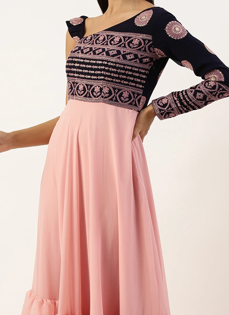 Teen Girls Pink N Navy Blue Georgette Embroidered Gown Festive Wear