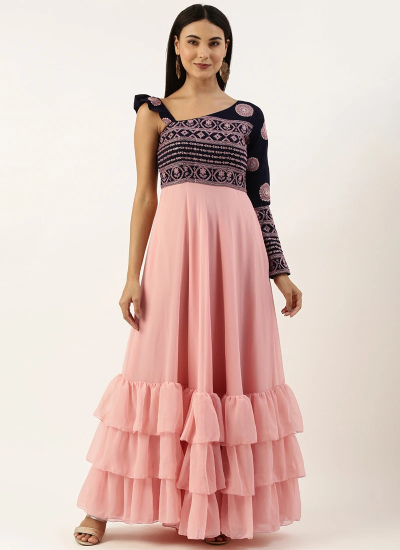 Teen Girls Pink N Navy Blue Georgette Embroidered Gown Festive Wear - Image 3