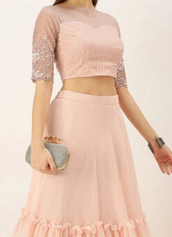 Teen Girls Pink N Peach Embroidered Crop Top N Skirt Festive Wear