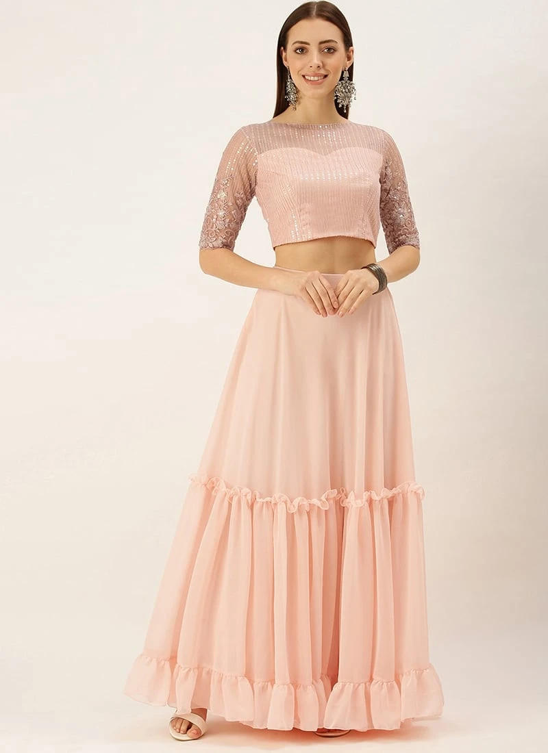 Teen Girls Pink N Peach Embroidered Crop Top N Skirt Festive Wear - Image 3