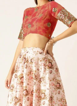 Teen Girls Pink N Red Gota Embroidered Crop Top N Skirt Festive Wear