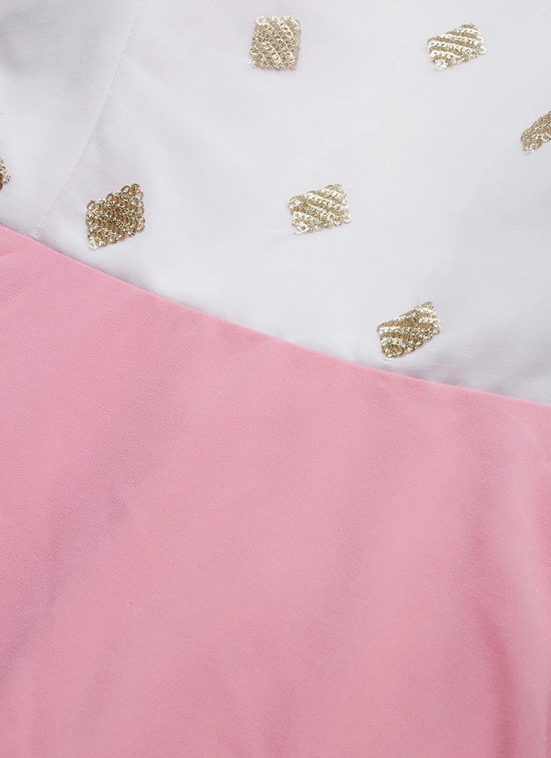 Teen Girls Pink N White Embroidered Handkerchief Gown Party Wear - Image 5