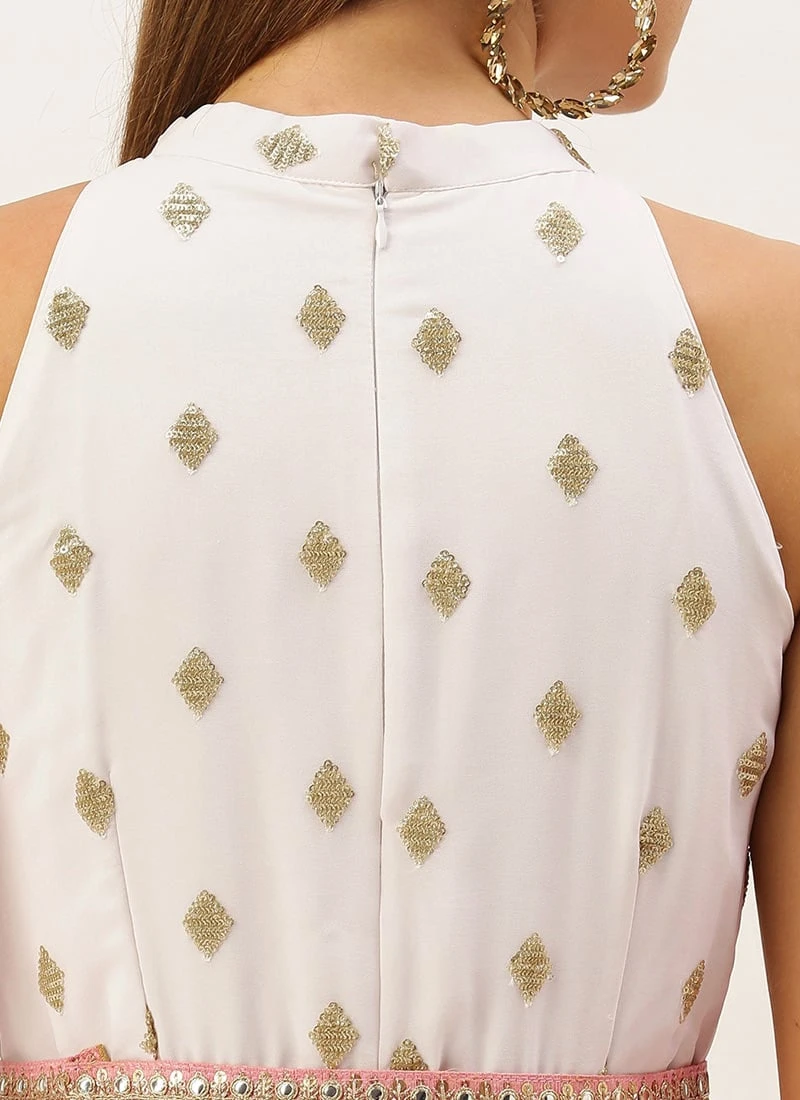 Teen Girls Pink N White Embroidered Handkerchief Gown Party Wear - Image 6