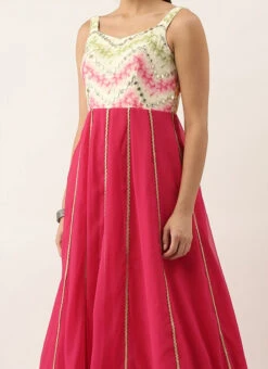 Teen Girls Pink N White Embroidered Kali Gown Festive Wear