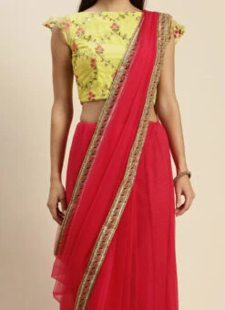 Teen Girls Pink N Yellow Embroidered Border Saree Festive Wear