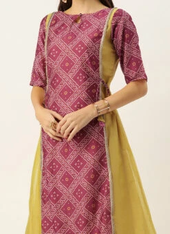 Teen Girls Pink N Yellow Printed Chanderi Suit Set Festive Wear