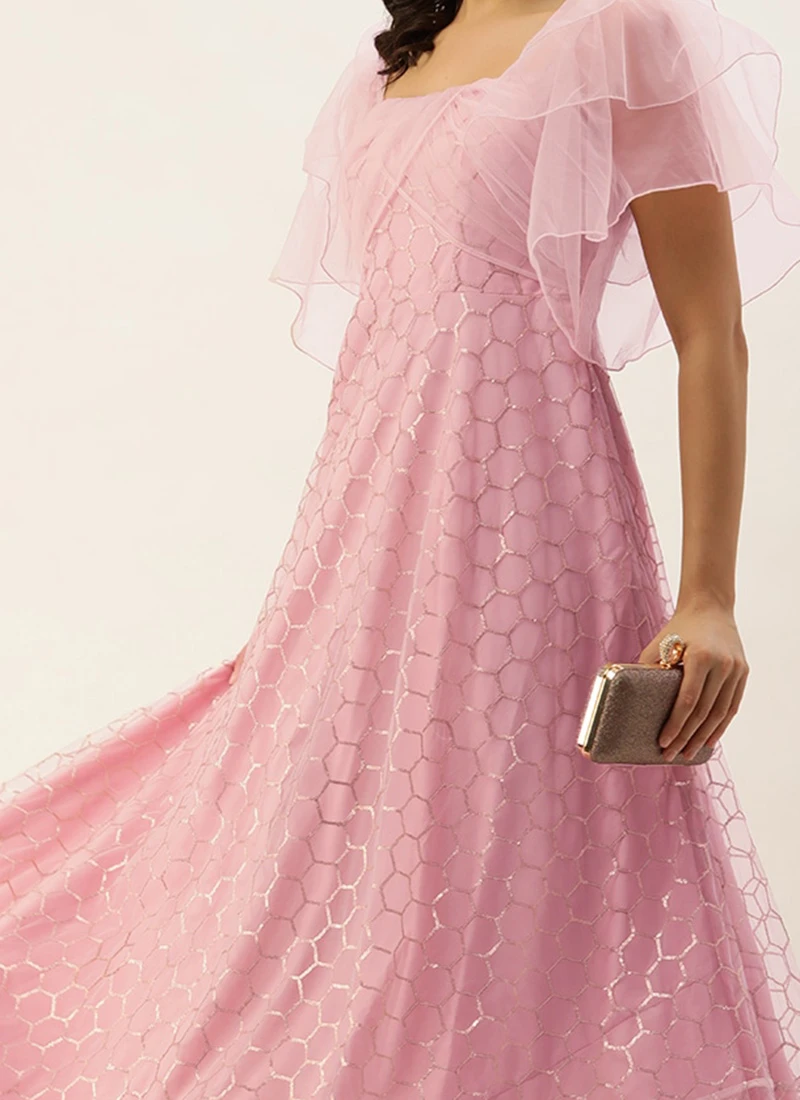 Teen Girls Pink Net Embroidered Gown Party Wear - Image 2