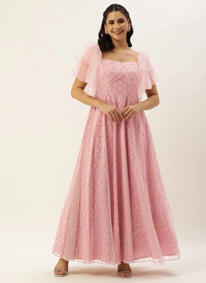 Teen Girls Pink Net Embroidered Gown Party Wear - Image 3