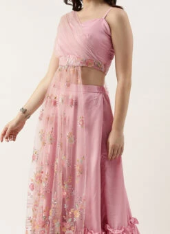Teen Girls Pink Net Embroidered Skirt Set Festive Wear