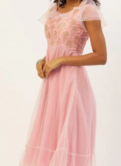 Teen Girls Pink Organza Embroidered Gown Party Wear
