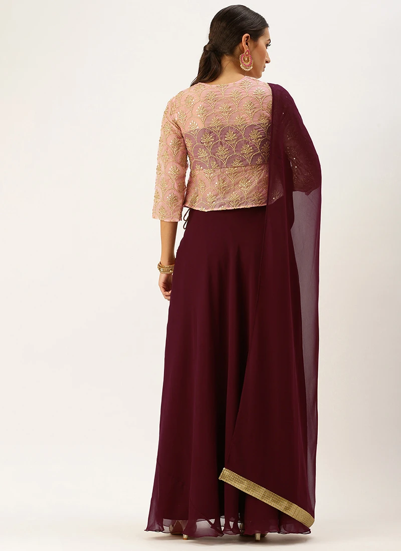 Teen Girls Pink Organza Embroidered N Burgundy Lehenga Party Wear - Image 4