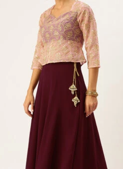 Teen Girls Pink Organza Embroidered N Burgundy Lehenga Party Wear