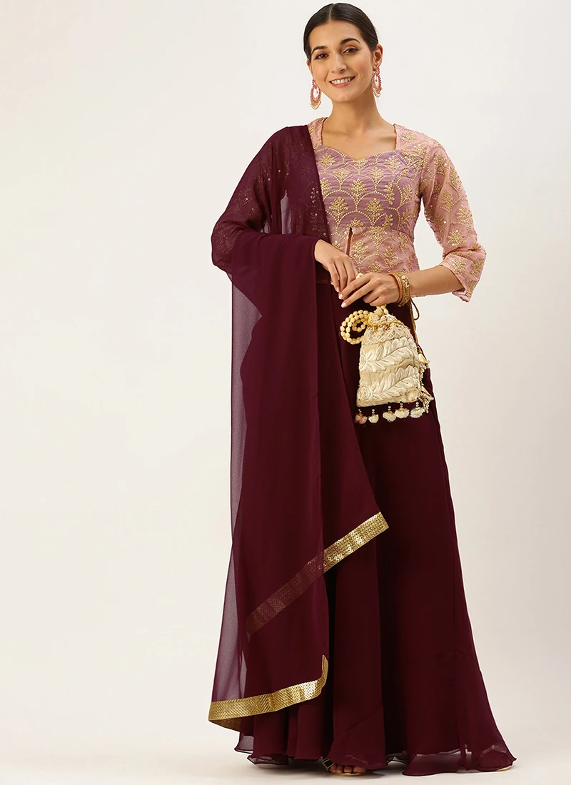 Teen Girls Pink Organza Embroidered N Burgundy Lehenga Party Wear - Image 3