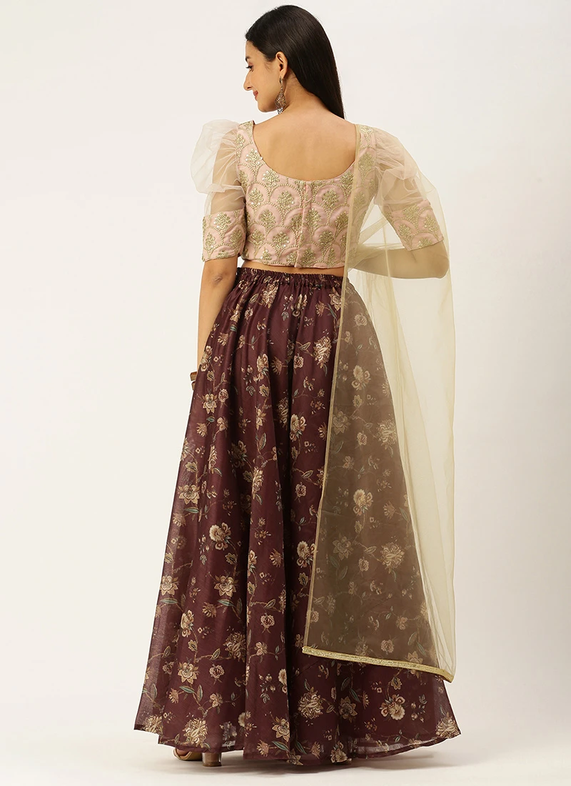 Teen Girls Pink Organza N Maroon Chanderi Lehenga Festive Wear - Image 4