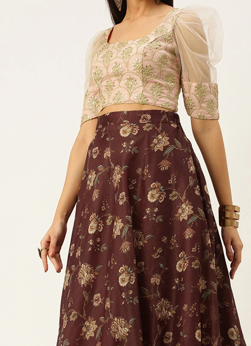 Teen Girls Pink Organza N Maroon Chanderi Lehenga Festive Wear