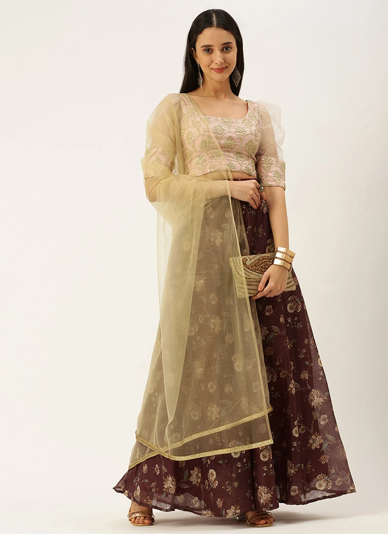 Teen Girls Pink Organza N Maroon Chanderi Lehenga Festive Wear - Image 3