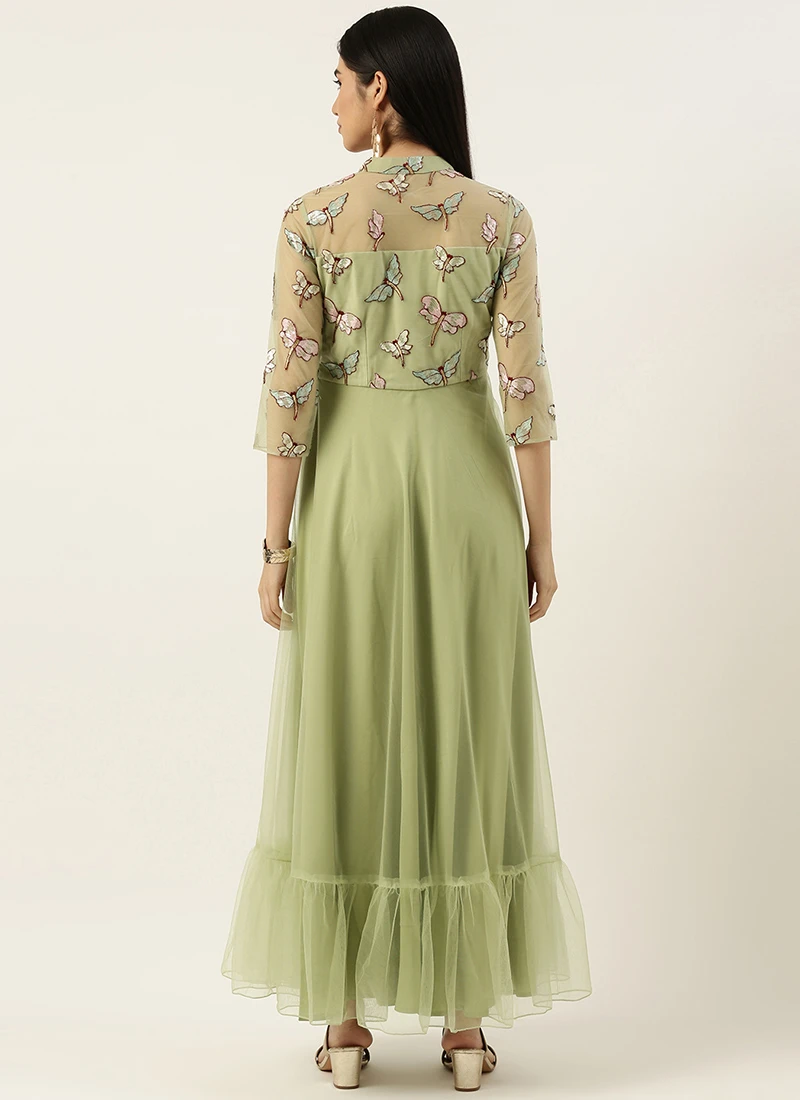 Teen Girls Pista Green Embroidered Gown Party Wear - Image 4