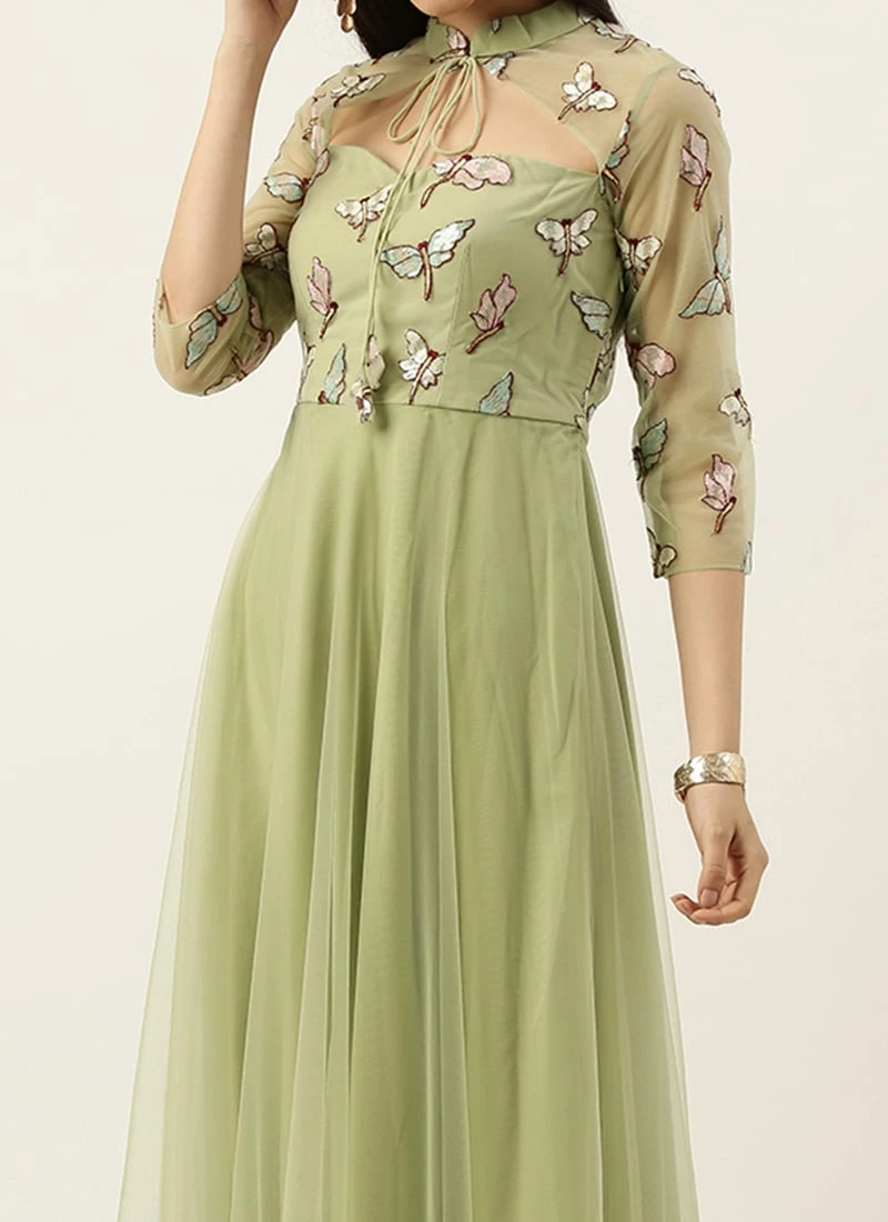 Teen Girls Pista Green Embroidered Gown Party Wear