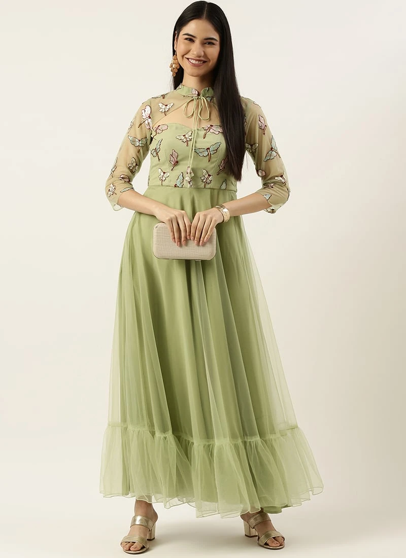 Teen Girls Pista Green Embroidered Gown Party Wear - Image 3