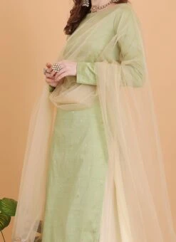 Teen Girls Pista Green N Cream Printed Set Festive Wear