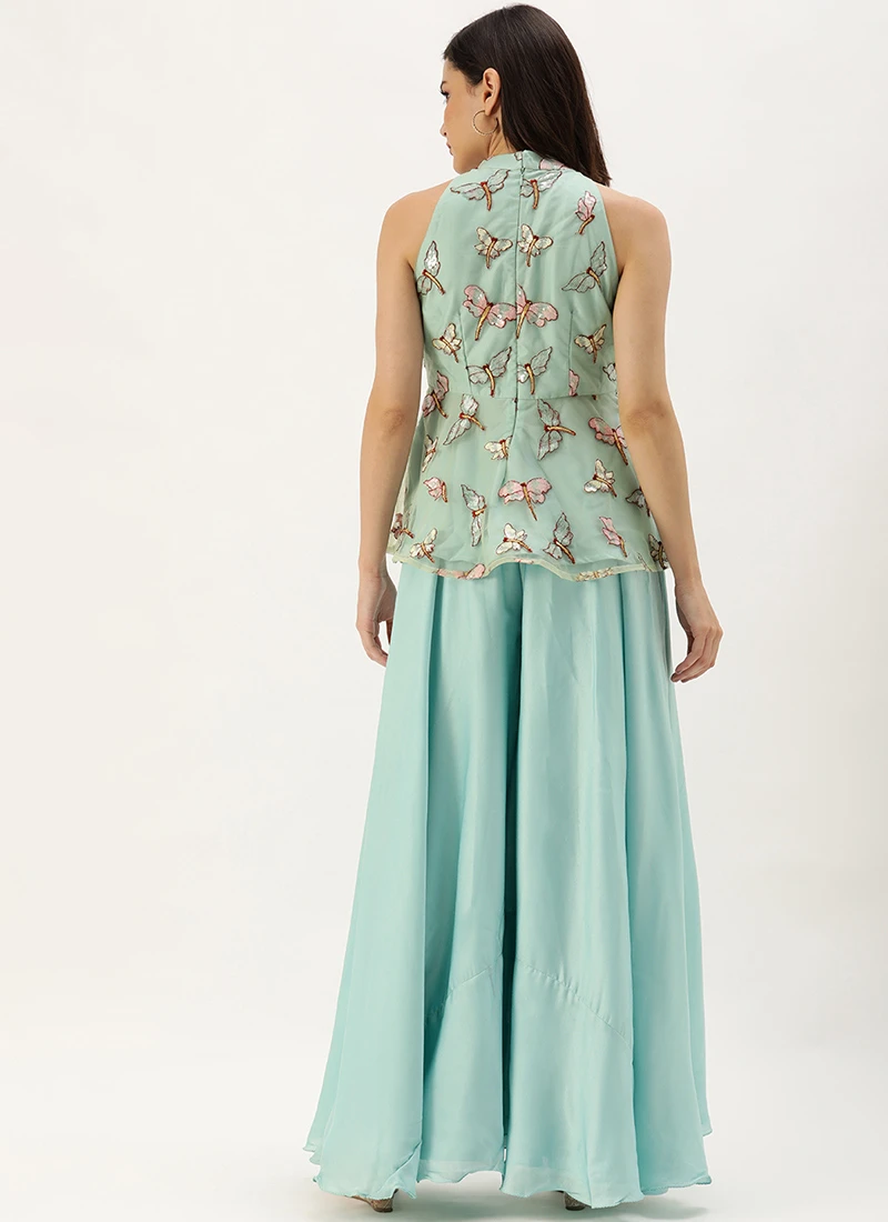 Teen Girls Pista Green Peplum Top N Sharara Set Festive Wear - Image 4