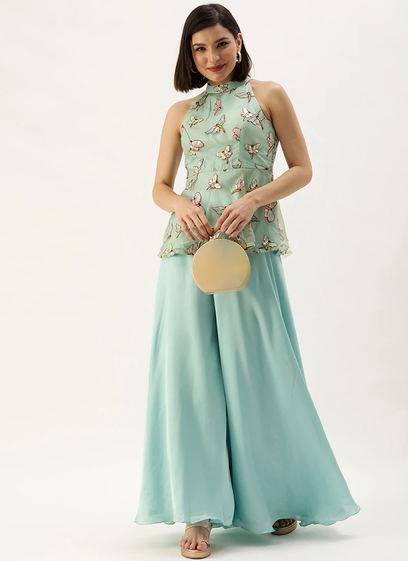 Teen Girls Pista Green Peplum Top N Sharara Set Festive Wear - Image 3