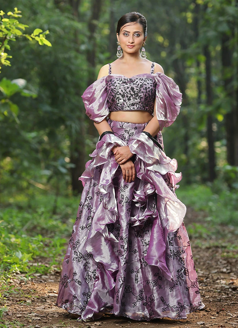 Teen Girls Purple Jimmy Choo Sequins Lehenga Set Wedding Wear - Image 3