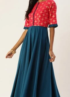Teen Girls Rani Jacquard Art Silk Anarkali Suit Festive Wear