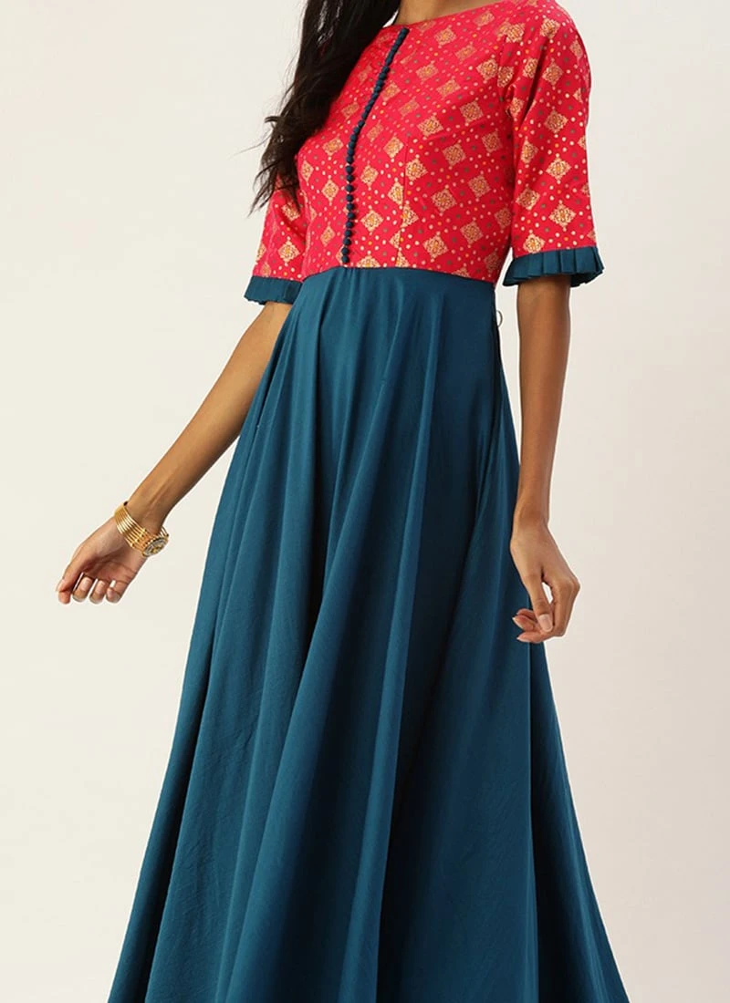 Teen Girls Rani Jacquard Art Silk Anarkali Suit Festive Wear