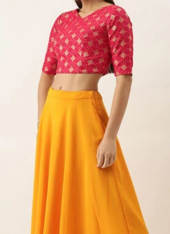 Teen Girls Red Jacquard Crop Top And Skirt Festive Wear