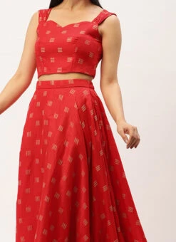 Teen Girls Red Jacquard Crop Top N Skirt With Cape Festive Wear