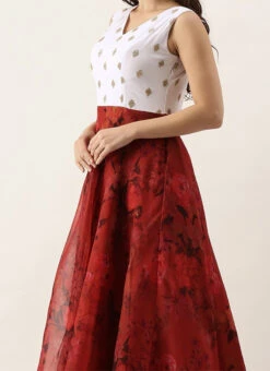 Teen Girls Red N White Embroidered Floor Length Gown Festive Wear