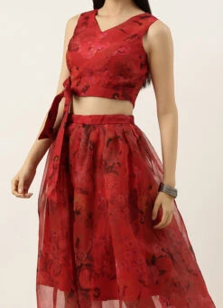 Teen Girls Red Organza Digital Printed Crop Top N Skirt Festive Wear