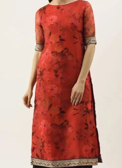 Teen Girls Red Printed Organza Calf Length Kurta Set After Six Wear