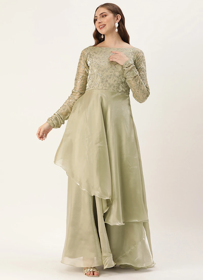 Teen Girls Silver Embroidered Jimmy Choo Layered Gown Party Wear - Image 3