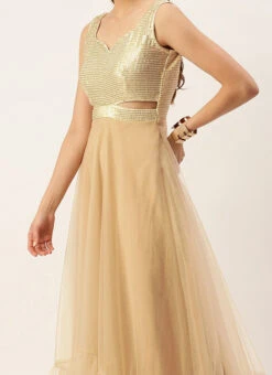 Teen Girls Silver Sequins Embroidered N Light Beige Net Gown Party Wear