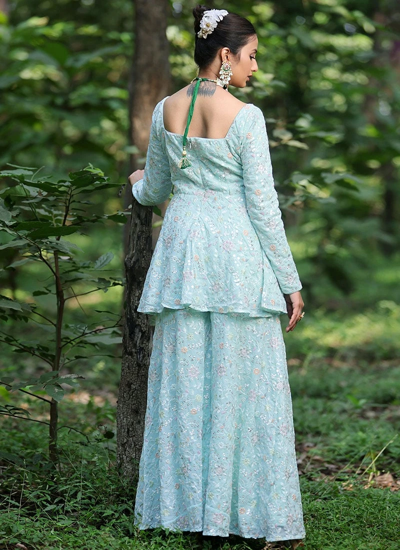 Teen Girls Sky Blue Embroidered Georgette Ghrara Suit Wedding Wear - Image 4
