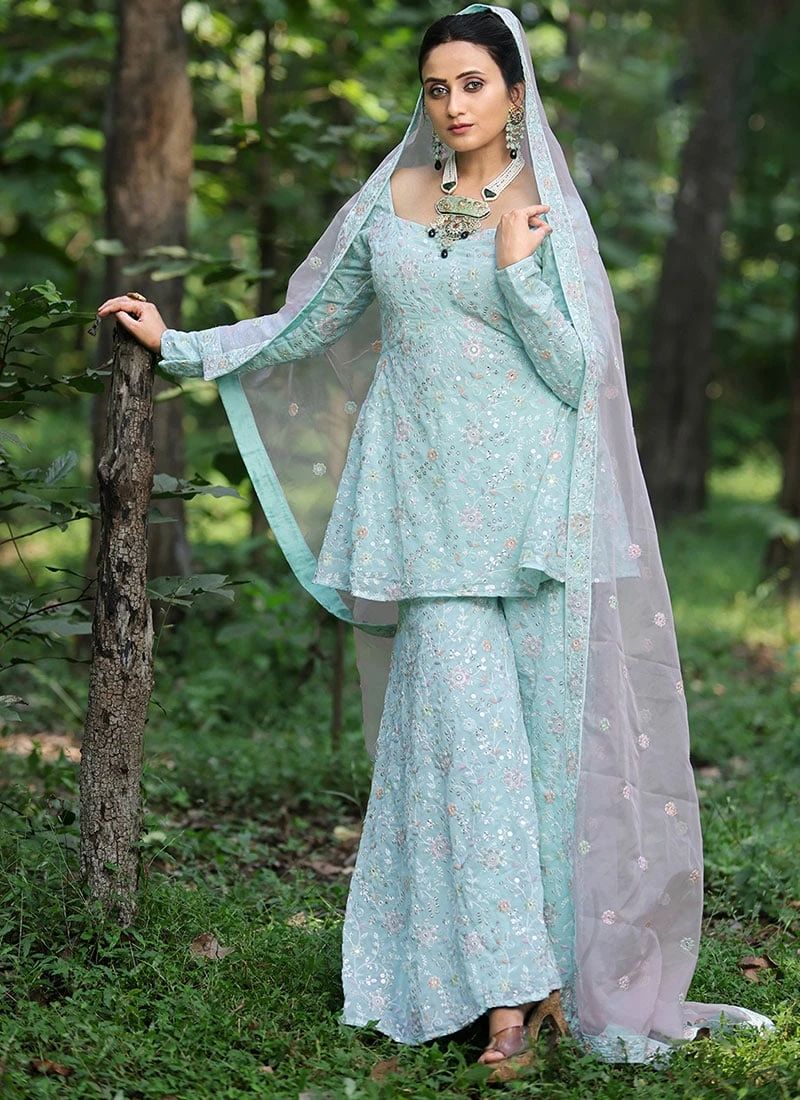 Teen Girls Sky Blue Embroidered Georgette Ghrara Suit Wedding Wear - Image 3